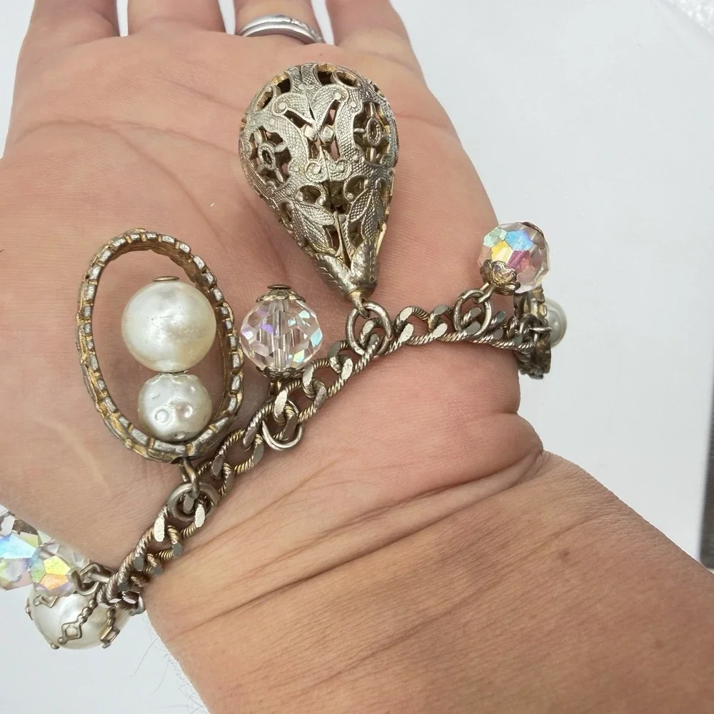 Vintage Charm Bracelet Dangling AB Crystal Faux Pearl Ball Filigree Read